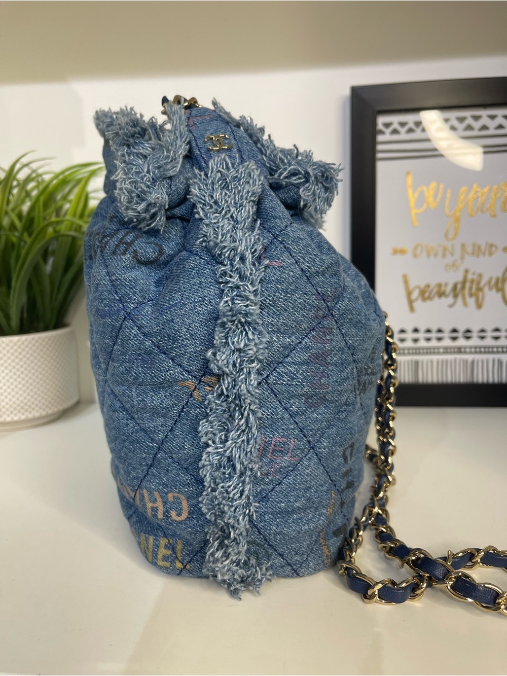 CHANEL Quilted Denim Drawstring Bucket Bag - Blue with Multicolor Accents - Picture 4 of 6